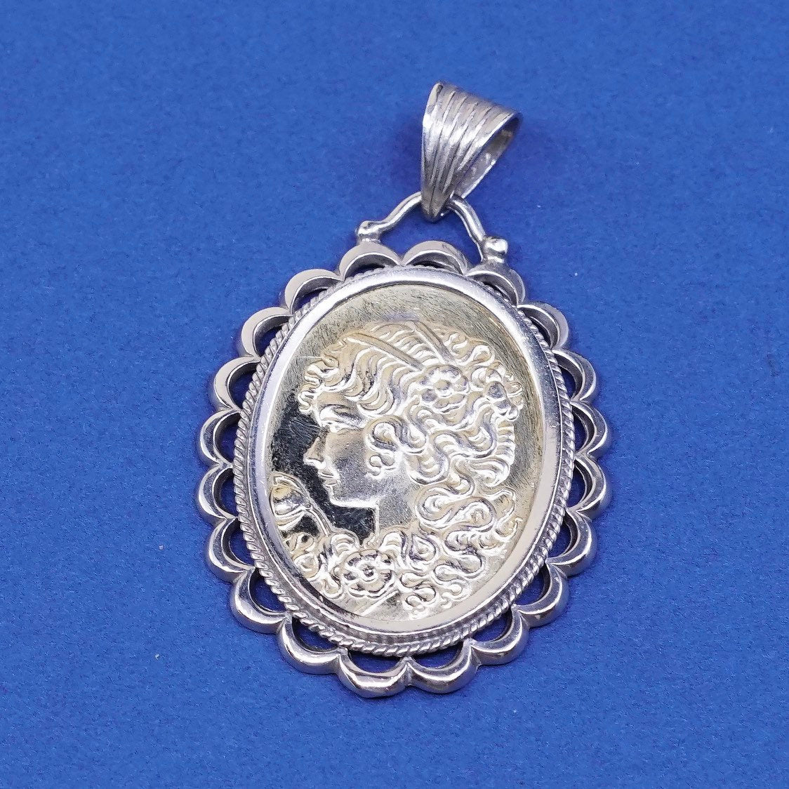 vtg IBB Two Tone sterling silver Handmade pendant, 925 lady girl portrait