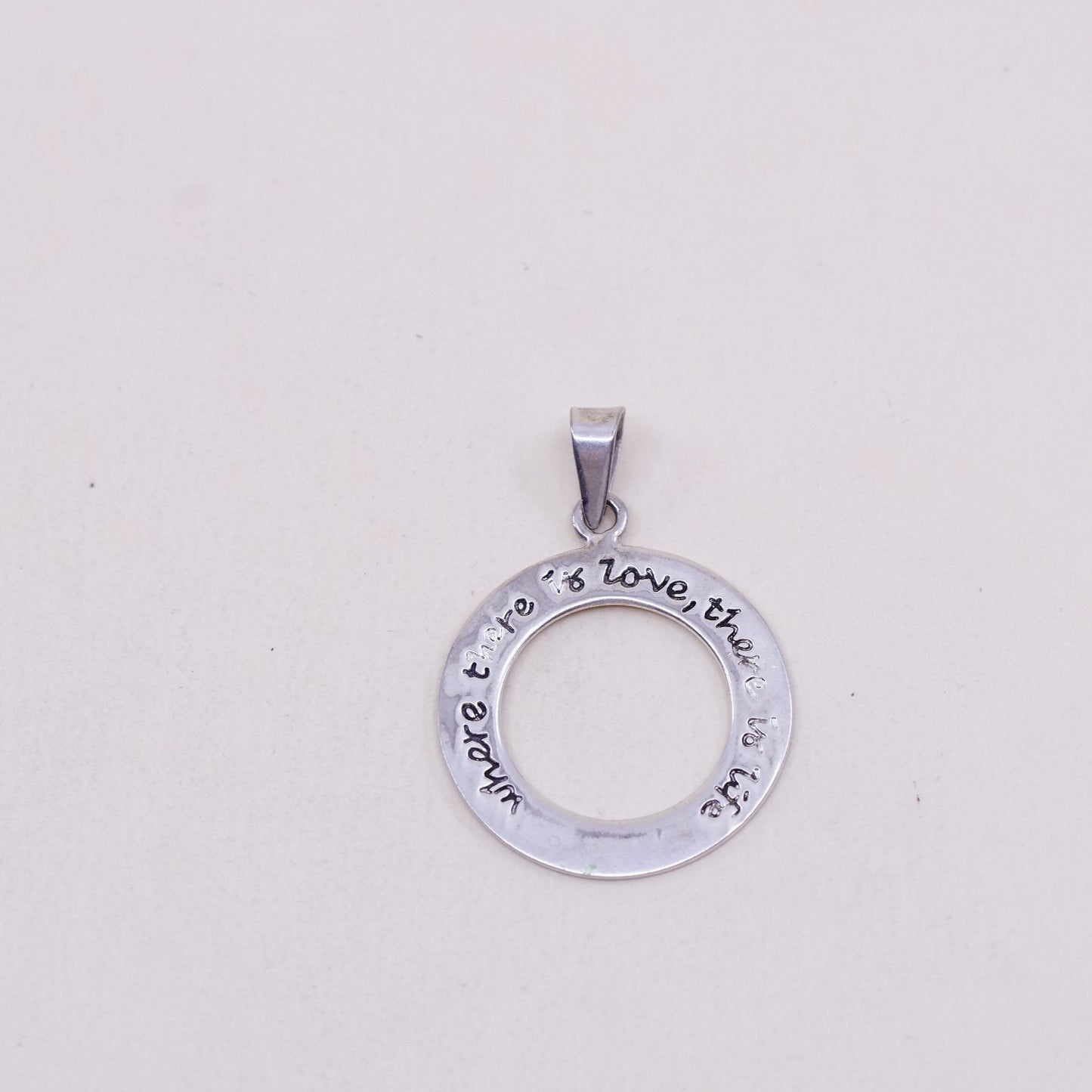 Sterling silver inspirational quote pendant, 925 circle w/ “where love life