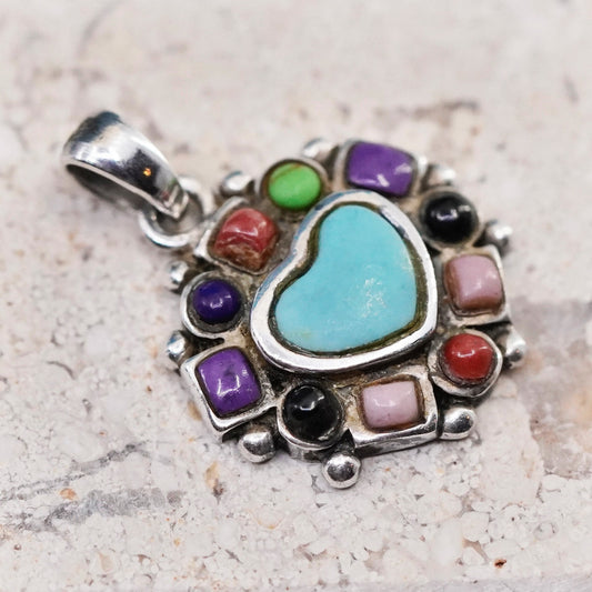 Vintage Sterling silver handmade pendant, 925 gemstone beads heart