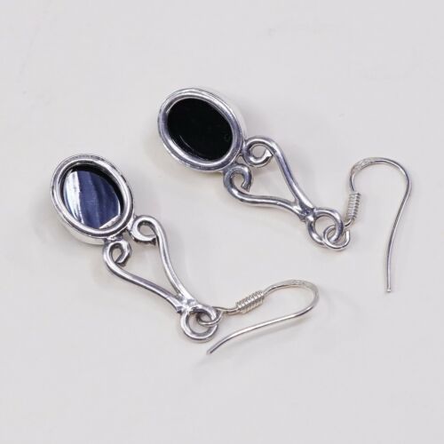 Vtg Sterling Silver Handmade Earrings, 925 Silver W/ Obsidian Inlay, Stamped 925