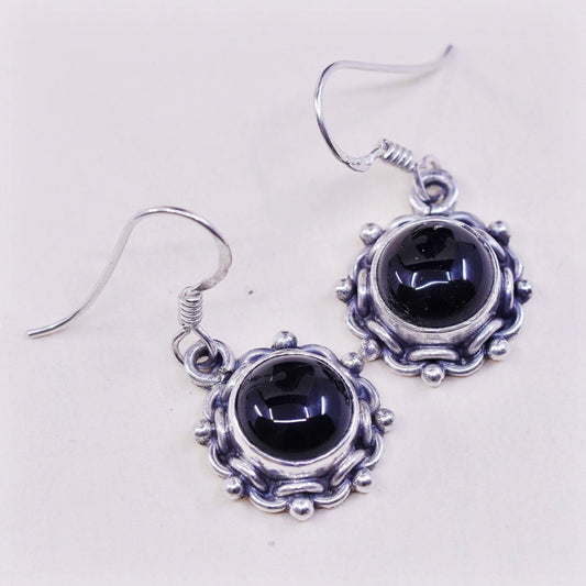 vtg Sterling silver handmade earrings, 925 drops w/ obsidian n beads