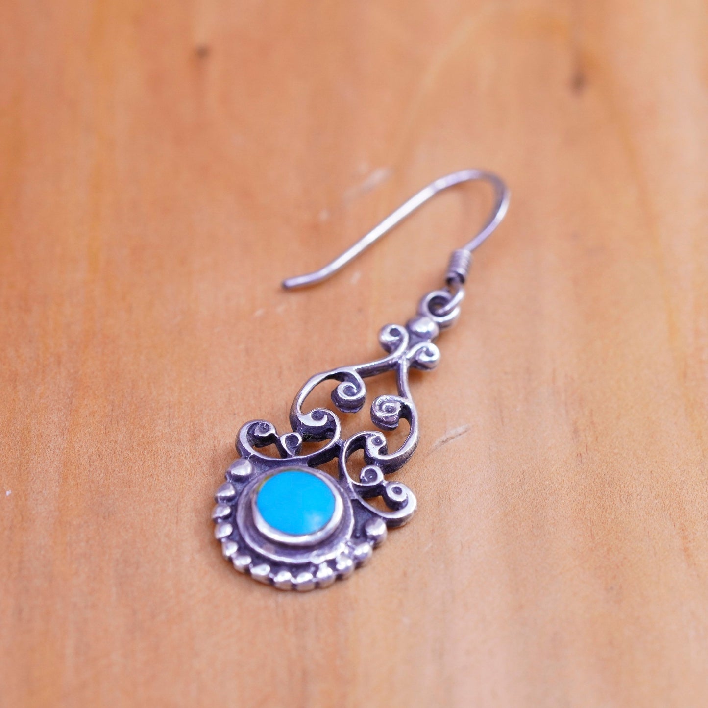 Vintage Sterling 925 silver handmade filigree teardrop earrings with turquoise