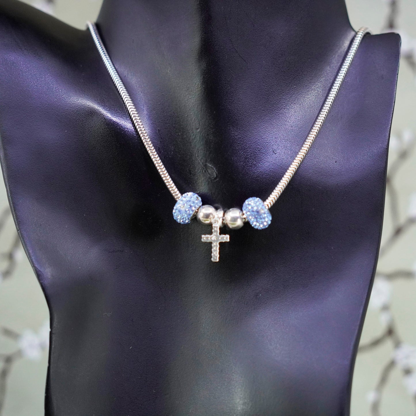 18”, sterling 925 silver snake necklace with cross pendant blue crystal beads