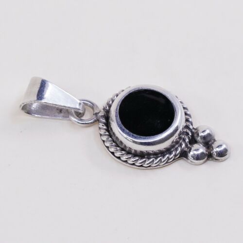 Vtg Mexico OS Sterling 925 Silver Slide Pendant W/ Round Black Onyx, Stamped 925