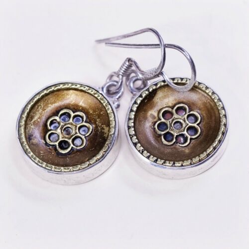 vtg two tone sterling silver handmade earrings 925 Button w/ brass beads