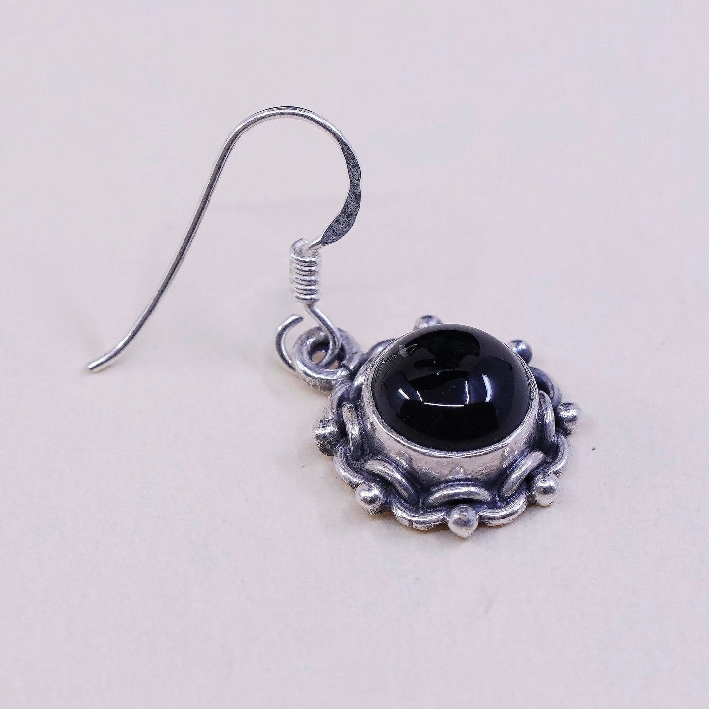 vtg Sterling silver handmade earrings, 925 drops w/ obsidian n beads