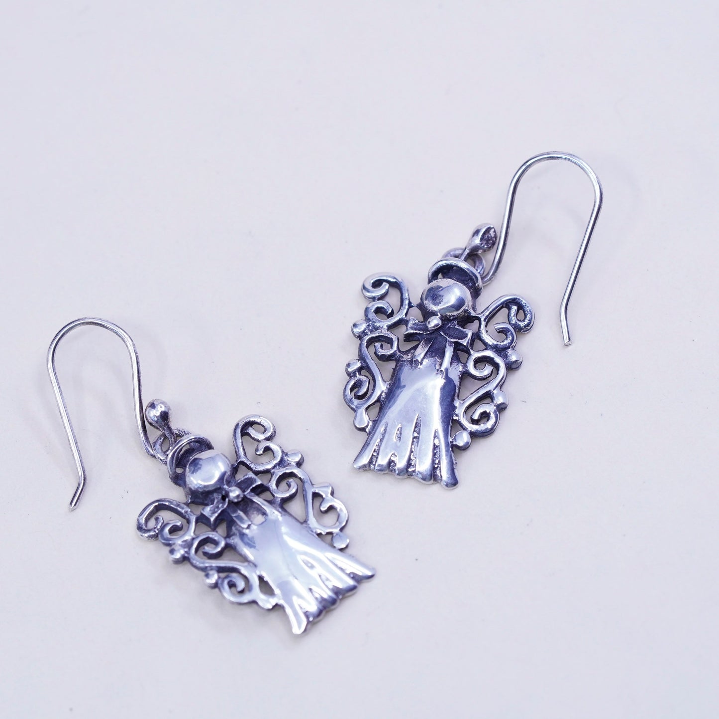 Vintage Sterling silver handmade earrings, 925 filigree angel dangles