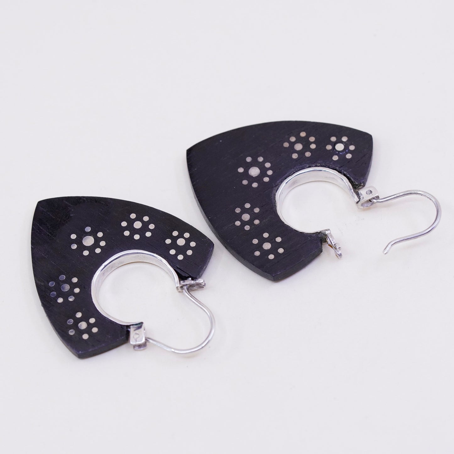 Vintage sterling 925 silver handmade earrings with black wood and flower dots