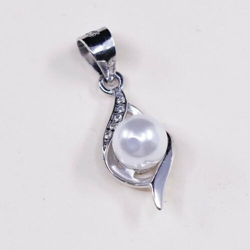 Vtg sterling silver handmade pendant, solid 925 With Faux Pearl N Crystal