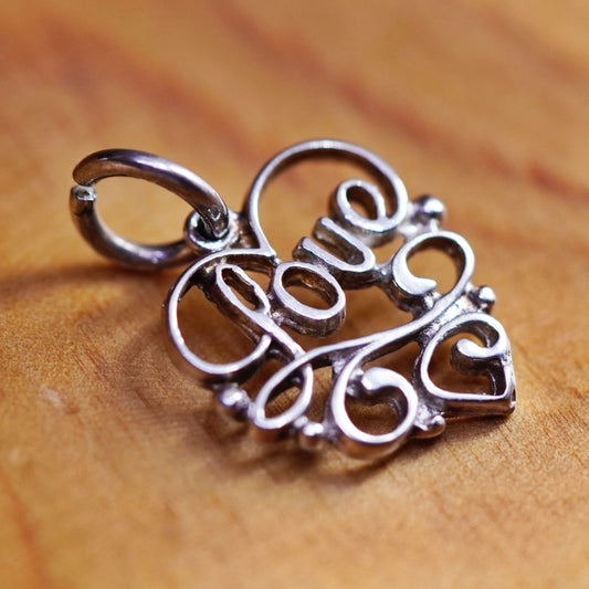 Vintage Sterling silver handmade charm, 925 filigree heart pendant with Love