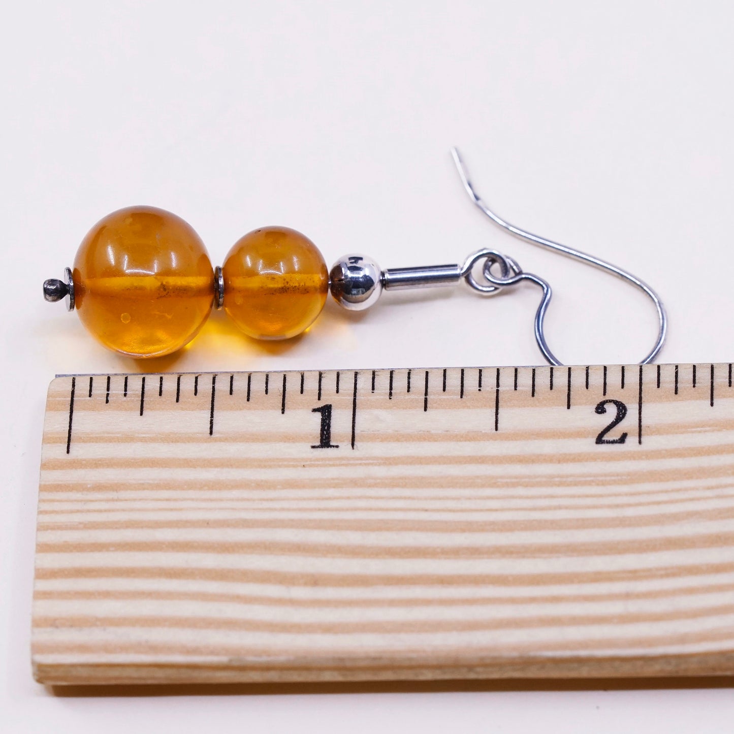 Vintage Sterling 925 silver handmade earrings with amber bead, stamped 925