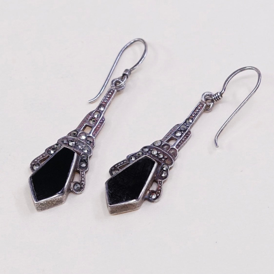 vtg Sterling 925 silver handmade earrings teardrop drops w/ obsidian n marcasite