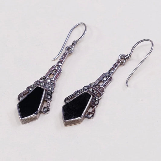 vtg Sterling 925 silver handmade earrings teardrop drops w/ obsidian n marcasite