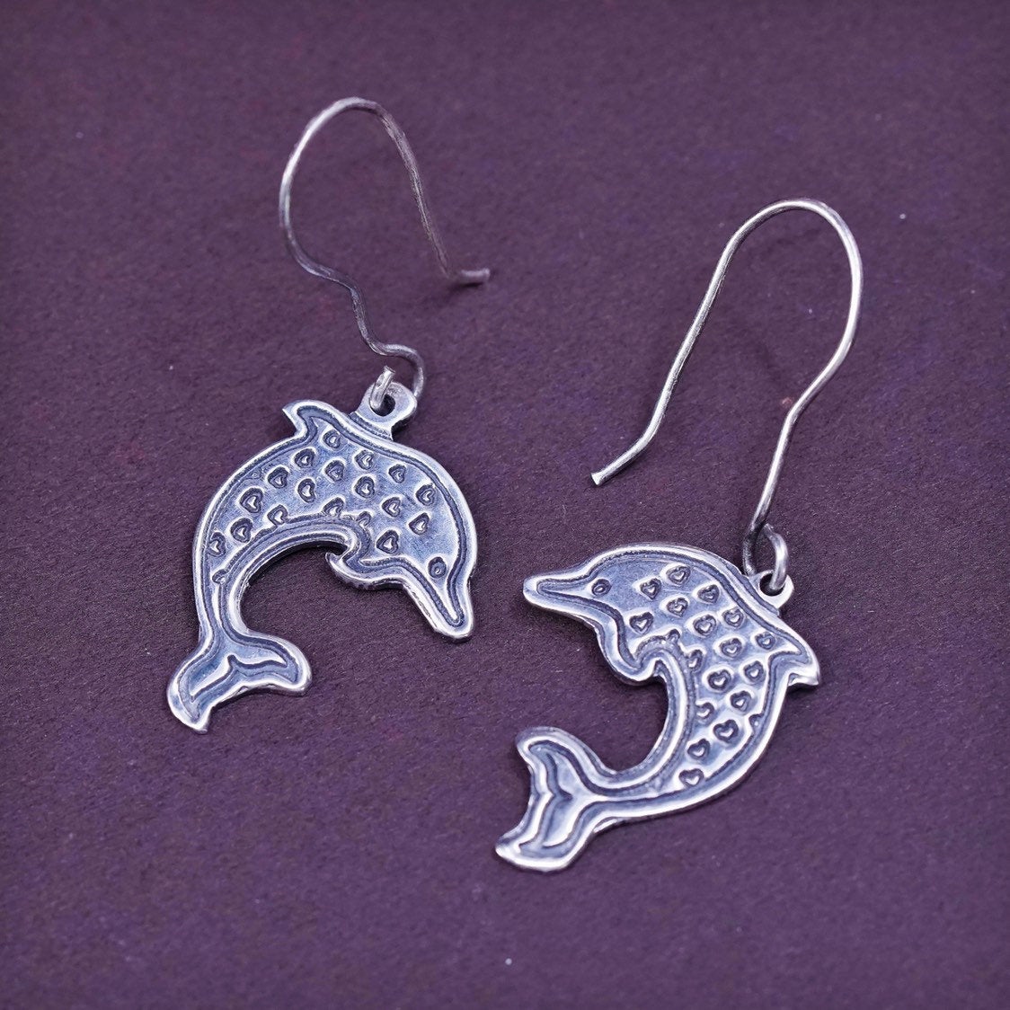 VTG Sterling silver handmade earrings, 925 dolphin dangle, mexico 925 EFS