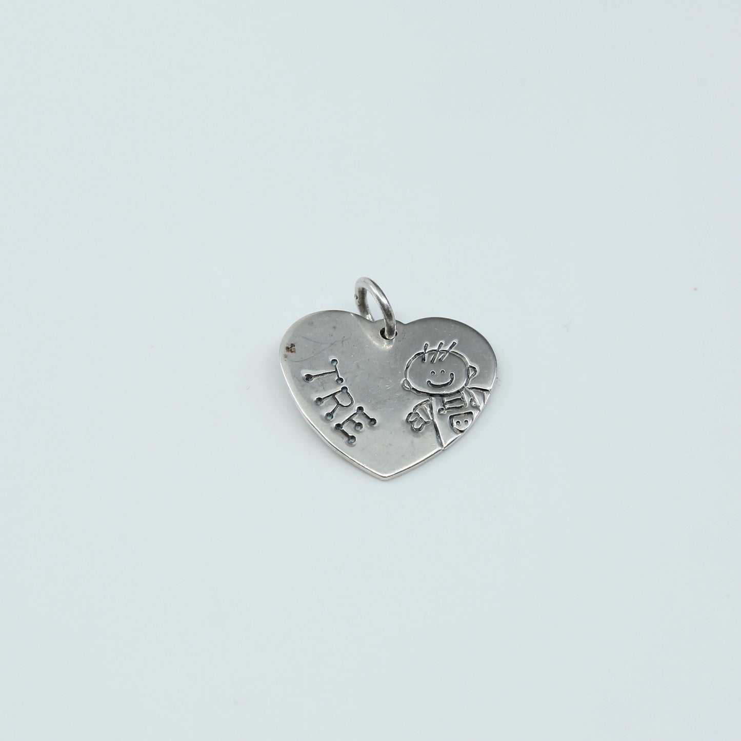 VTG Lucy Ann sterling silver handmade pendant, heart tag charm a boy and “Tre”