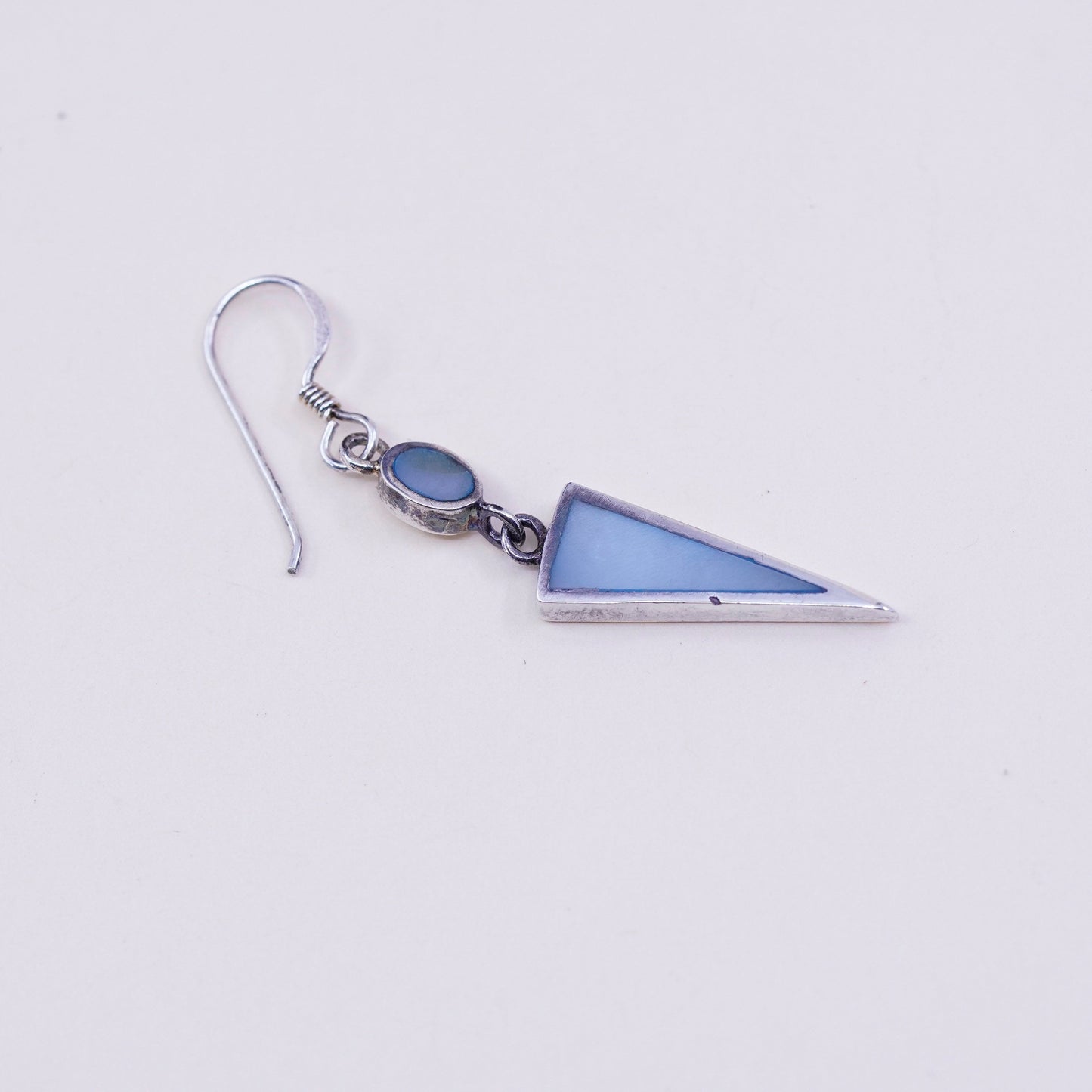 Vintage sterling 925 silver handmade earrings with triangular blue mother of pearl drop, stamped 925