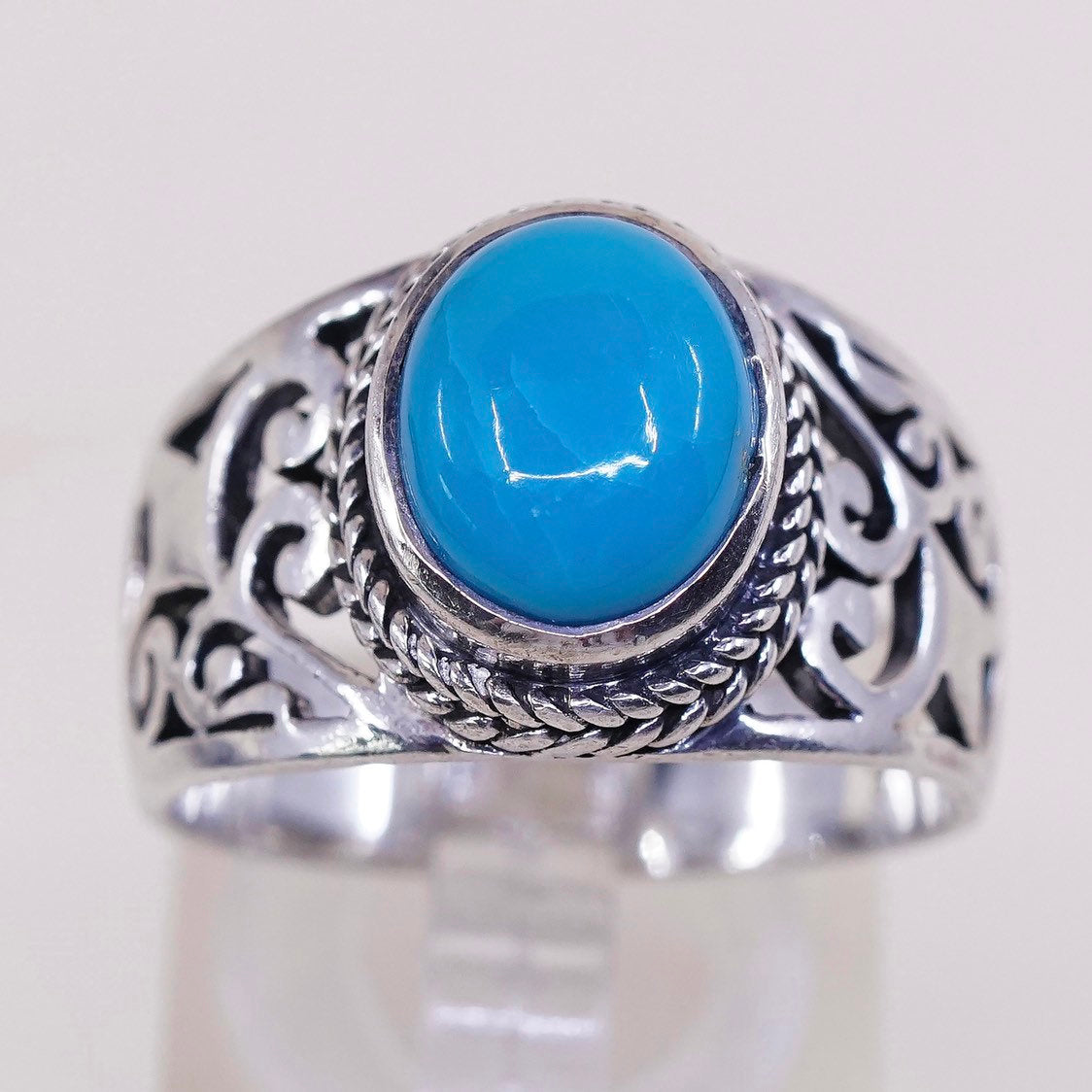 sz 10, vtg sterling silver ring, handmade 925 ring w/ turquoise n Filigree