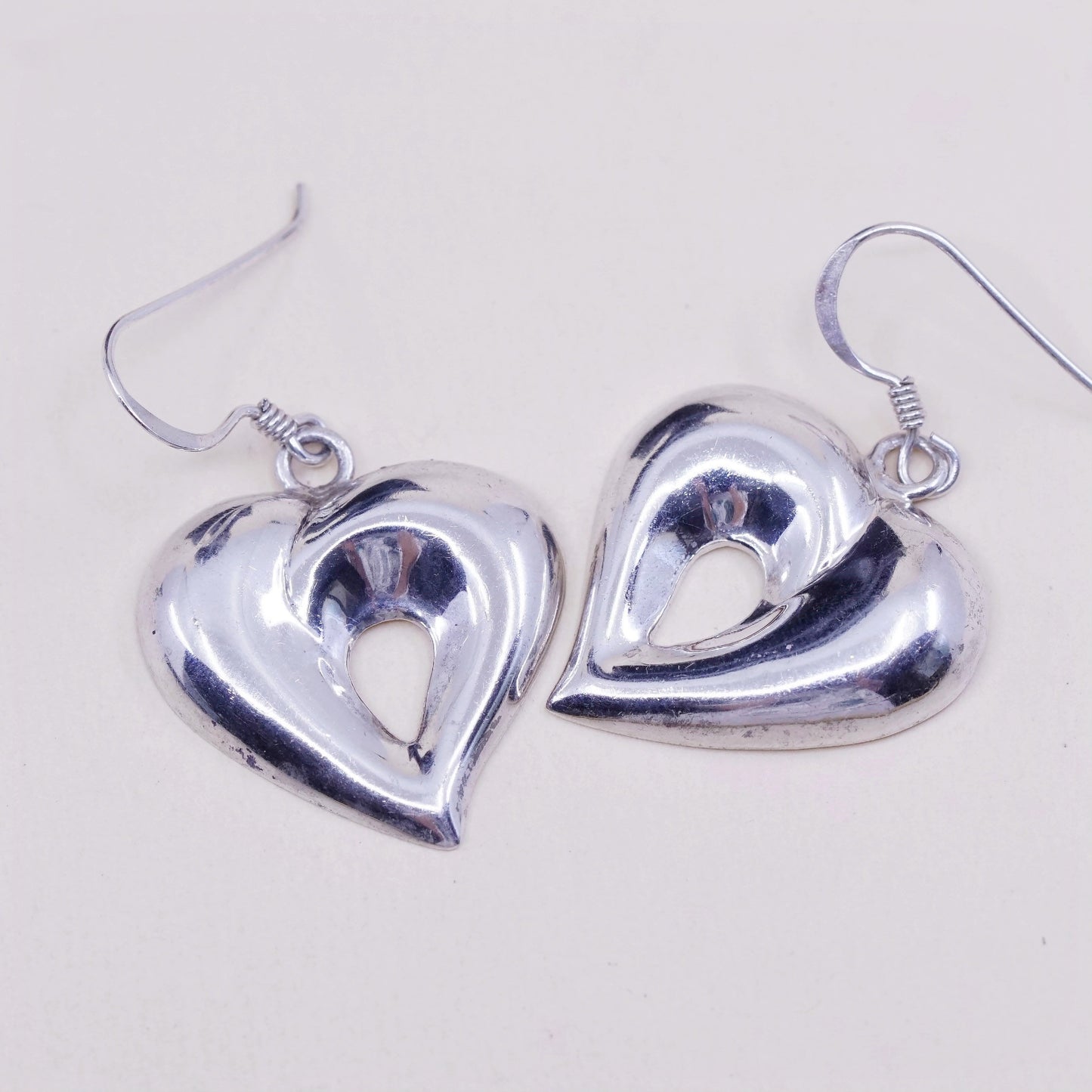 vtg sterling silver heart shaped drop earrings, puffy lightweight 925 heart