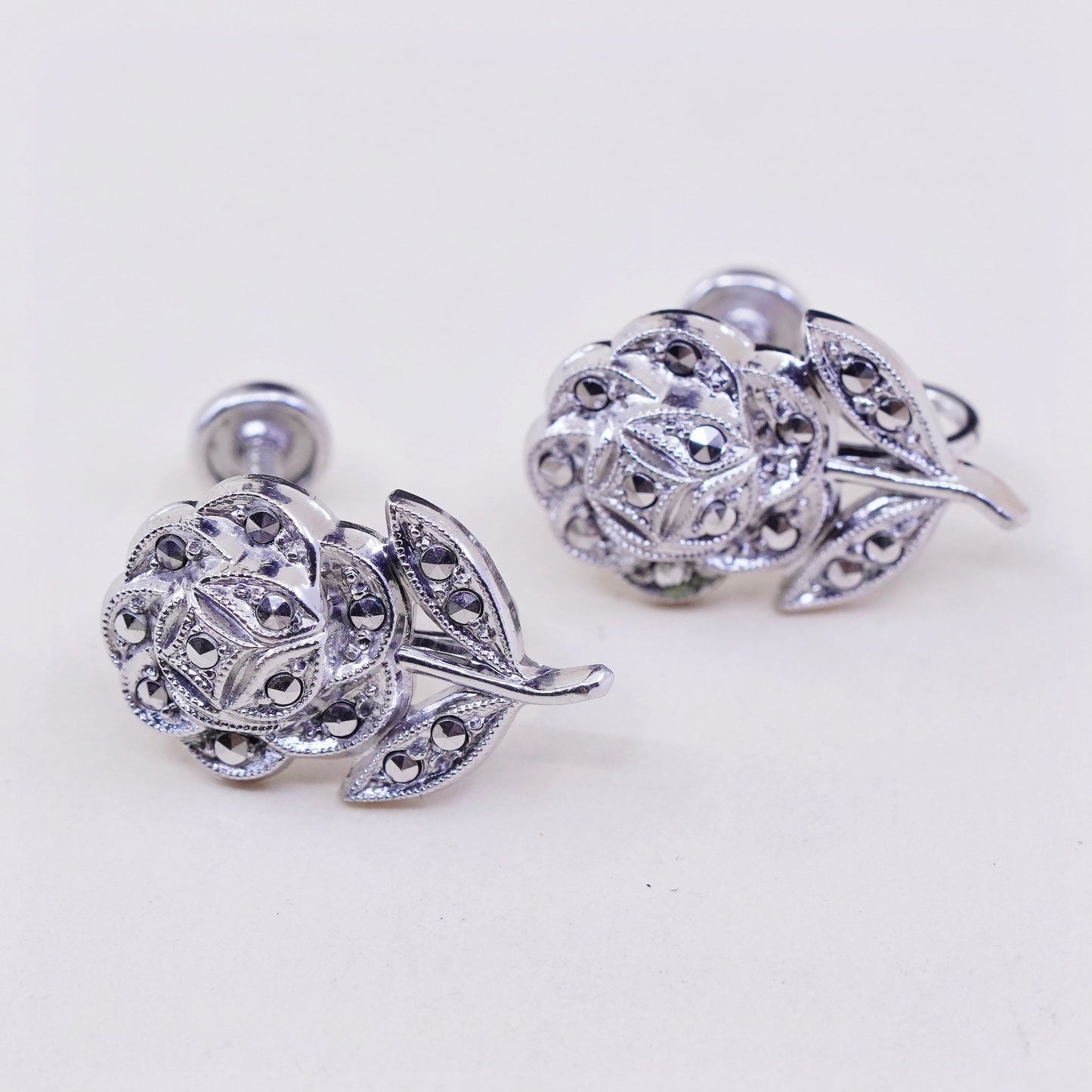 Sterling silver handmade earrings, 925 screw back rose flower with Marcasite