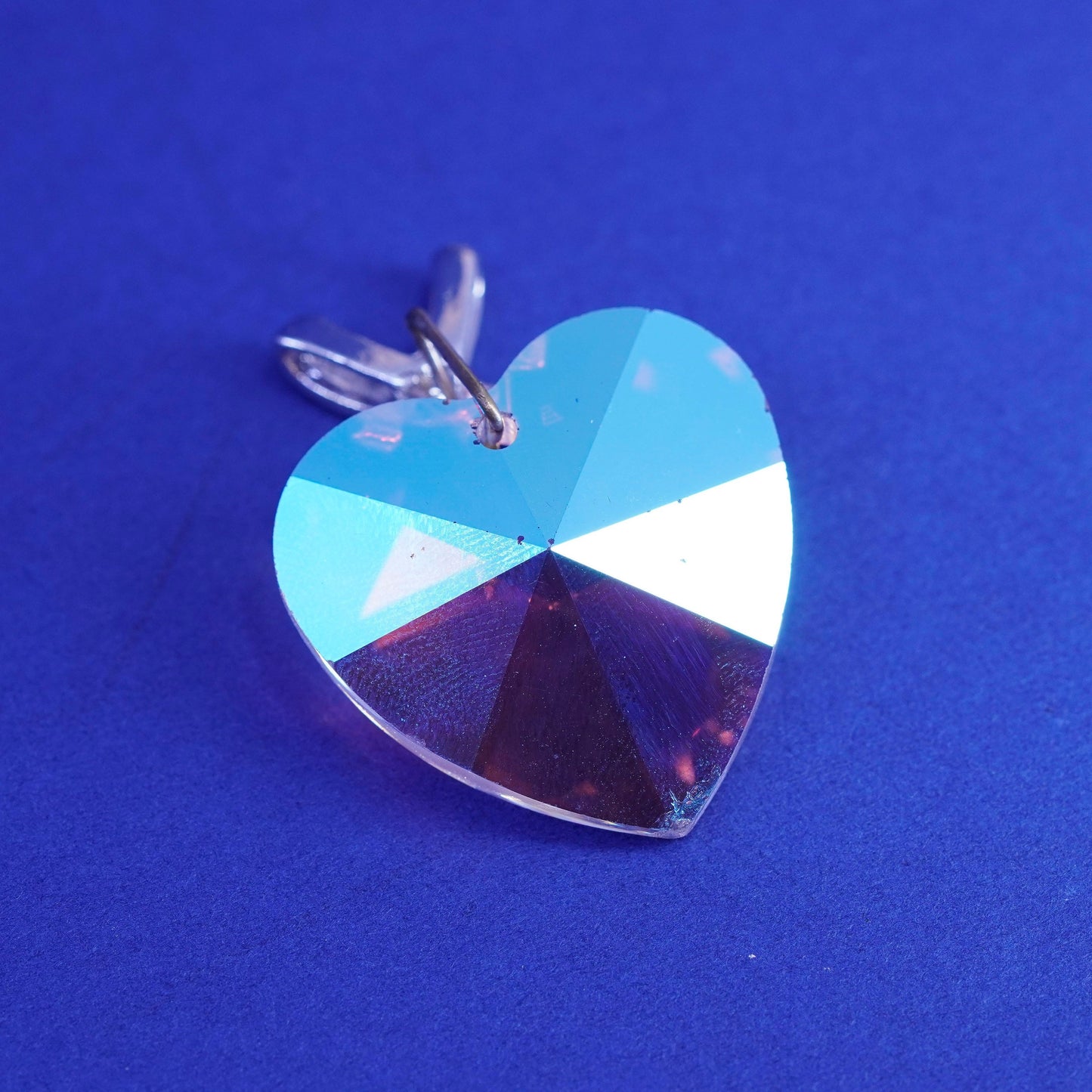 Vintage silver tone handmade pendant with blue glass heart