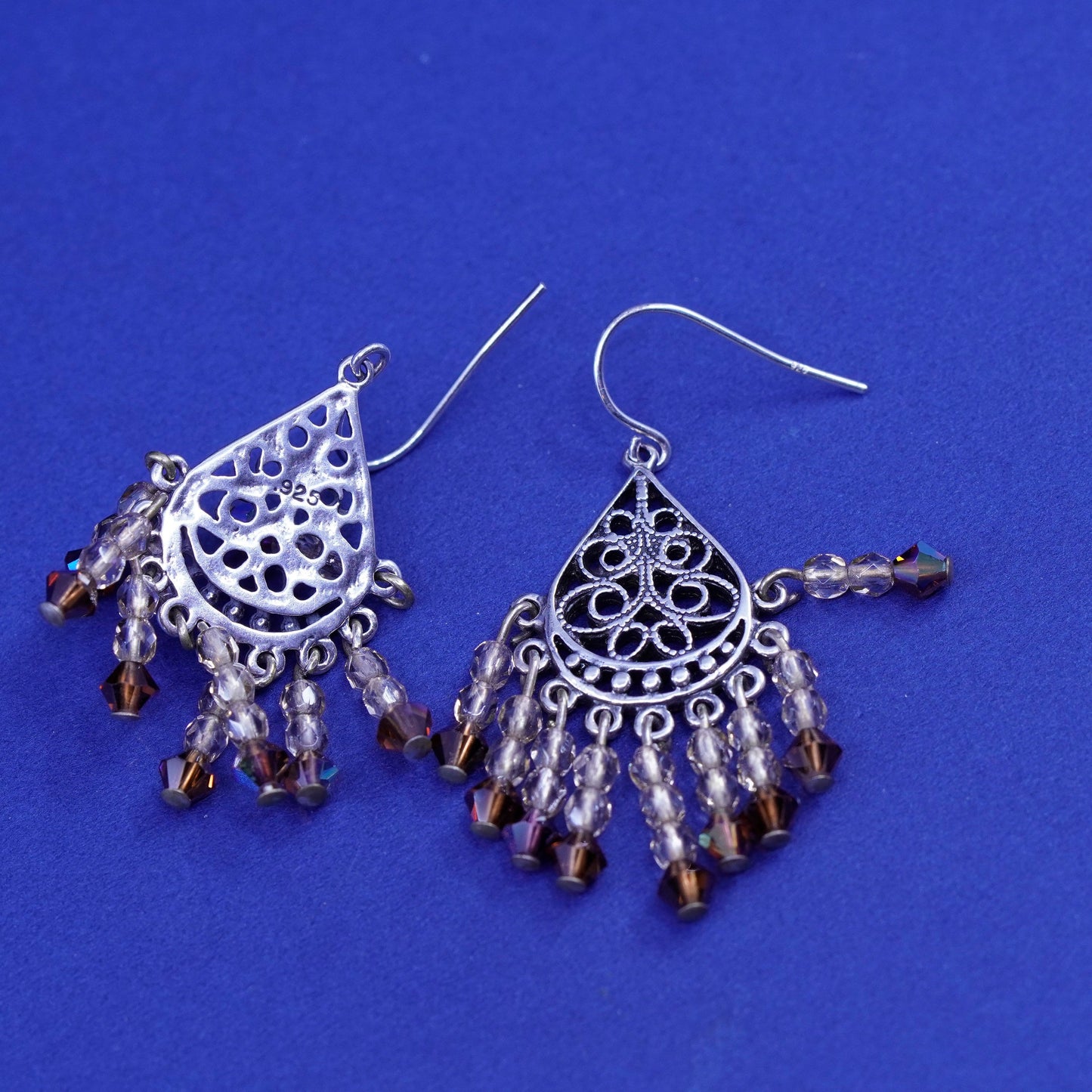 Sterling silver handmade earrings, 925 filigree teardrop disk cluster crystal