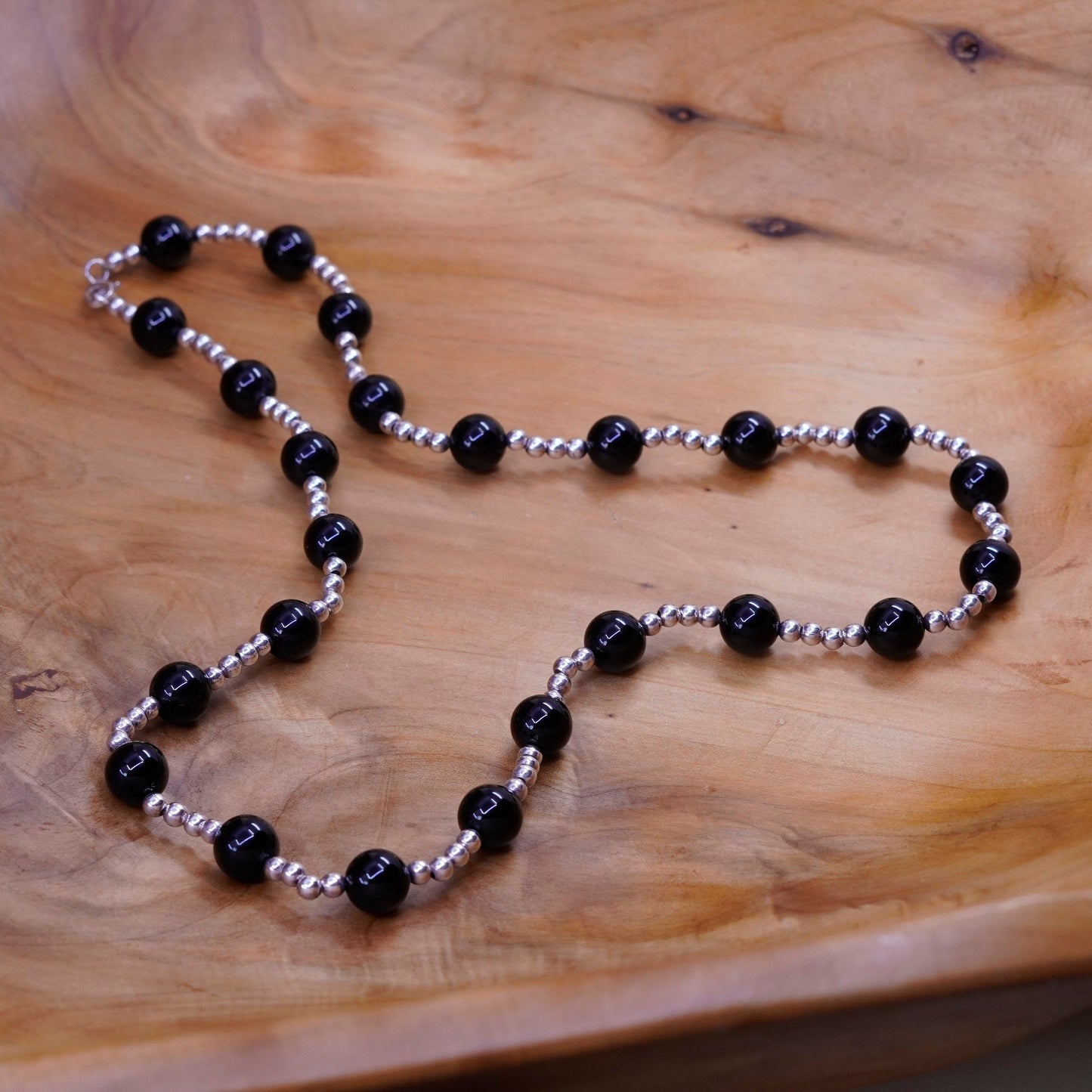 24” vintage sterling 925 silver handmade necklace with obsidian beads