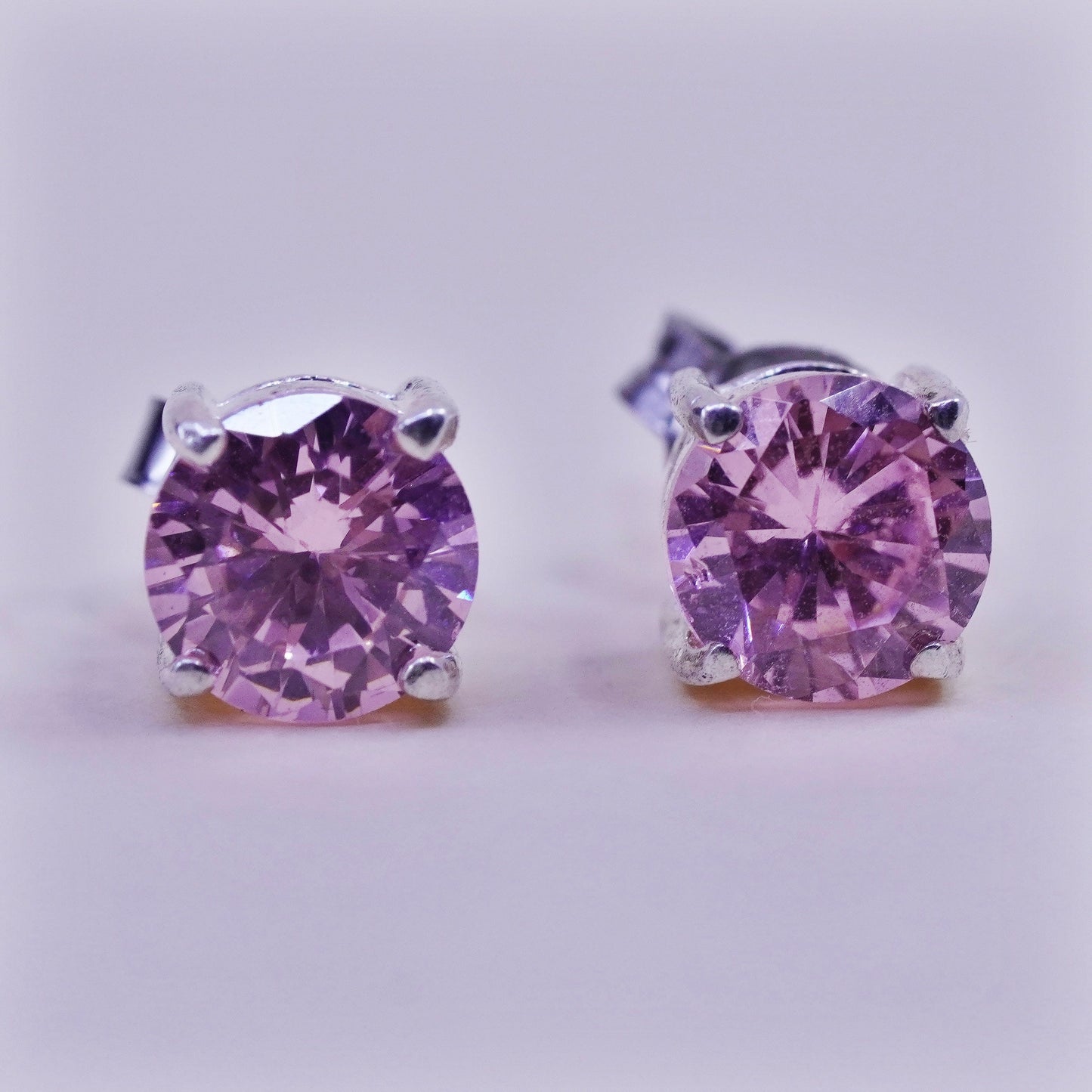 Vintage sterling silver studs with pink Cz, fashion minimalist earrings