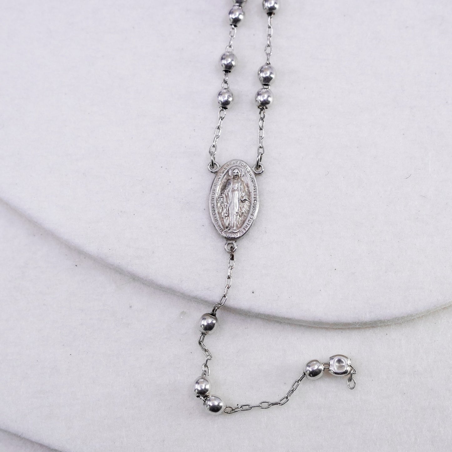 22”, Israel sterling silver rosary necklace chain w/ Virgin Mary pendant beads