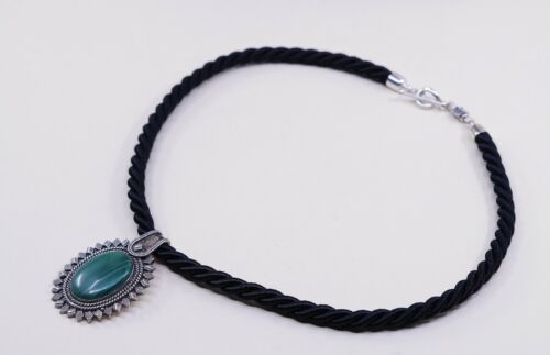 18” Michael dawkins Black Silk Chain W/ Sterling 925 Silver Malachite Necklace