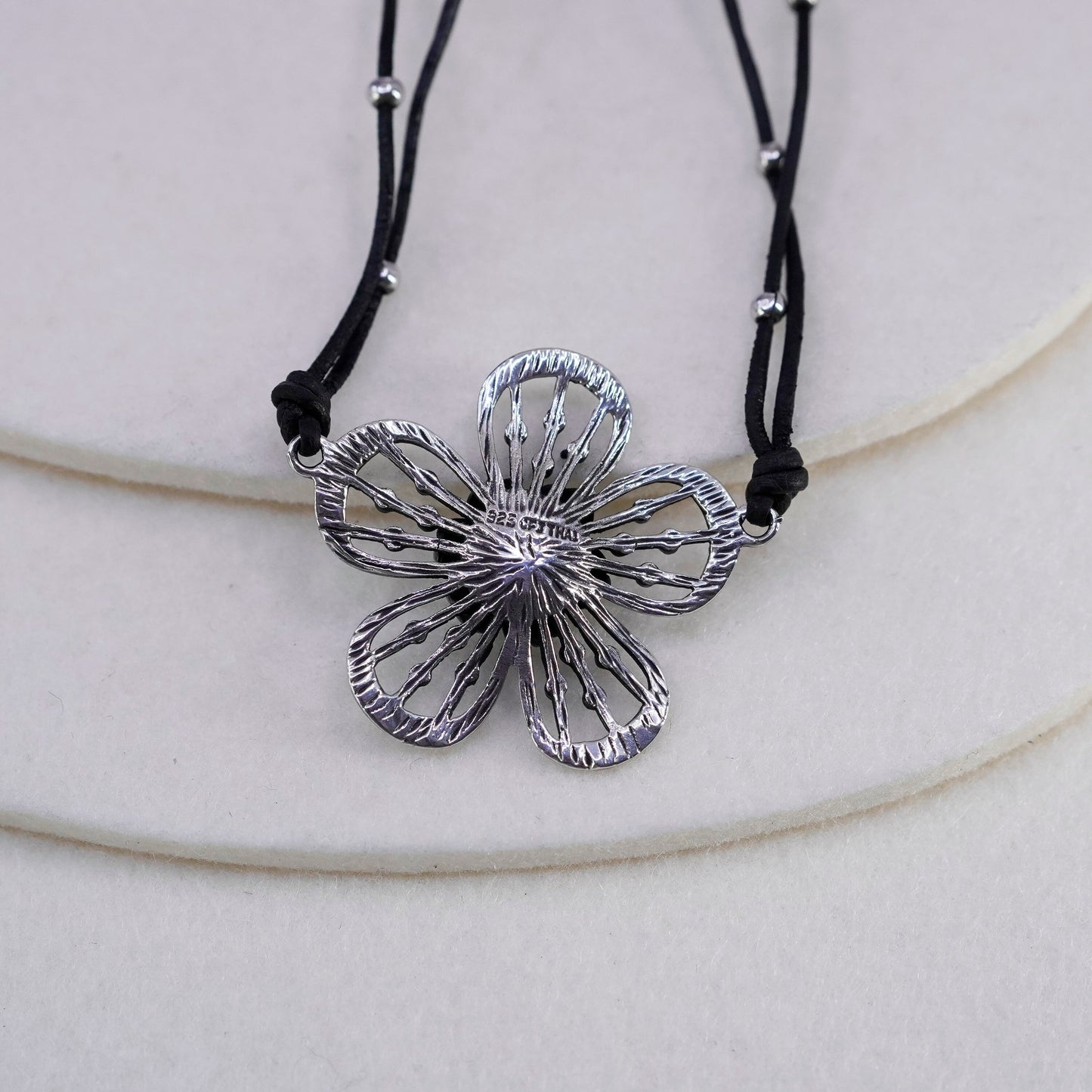 16+2”, 925 Sterling Silver Handmade black Leather Necklace flower pendant