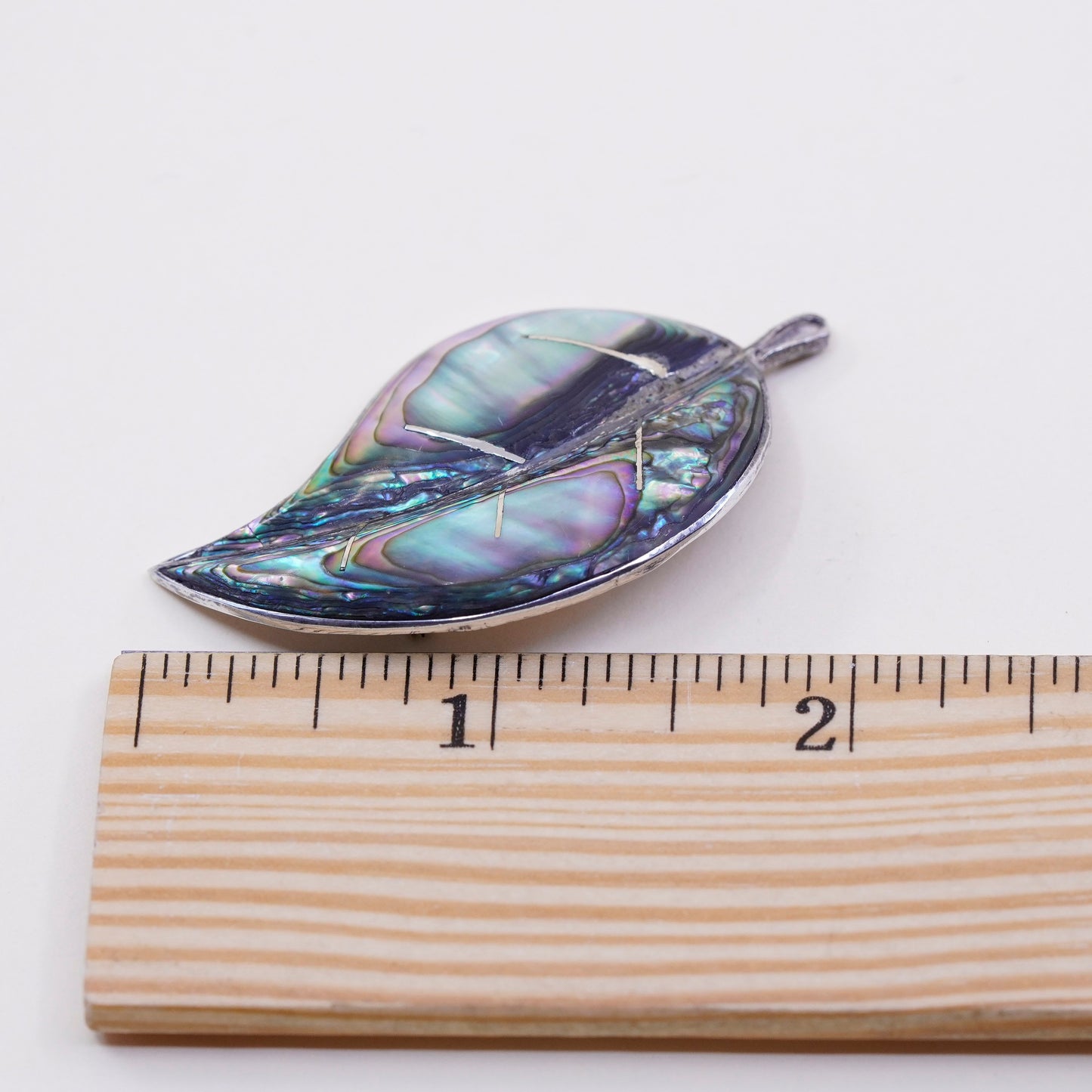 Antique Sterling silver handmade brooch, 925 leaf pin with abalone inlay