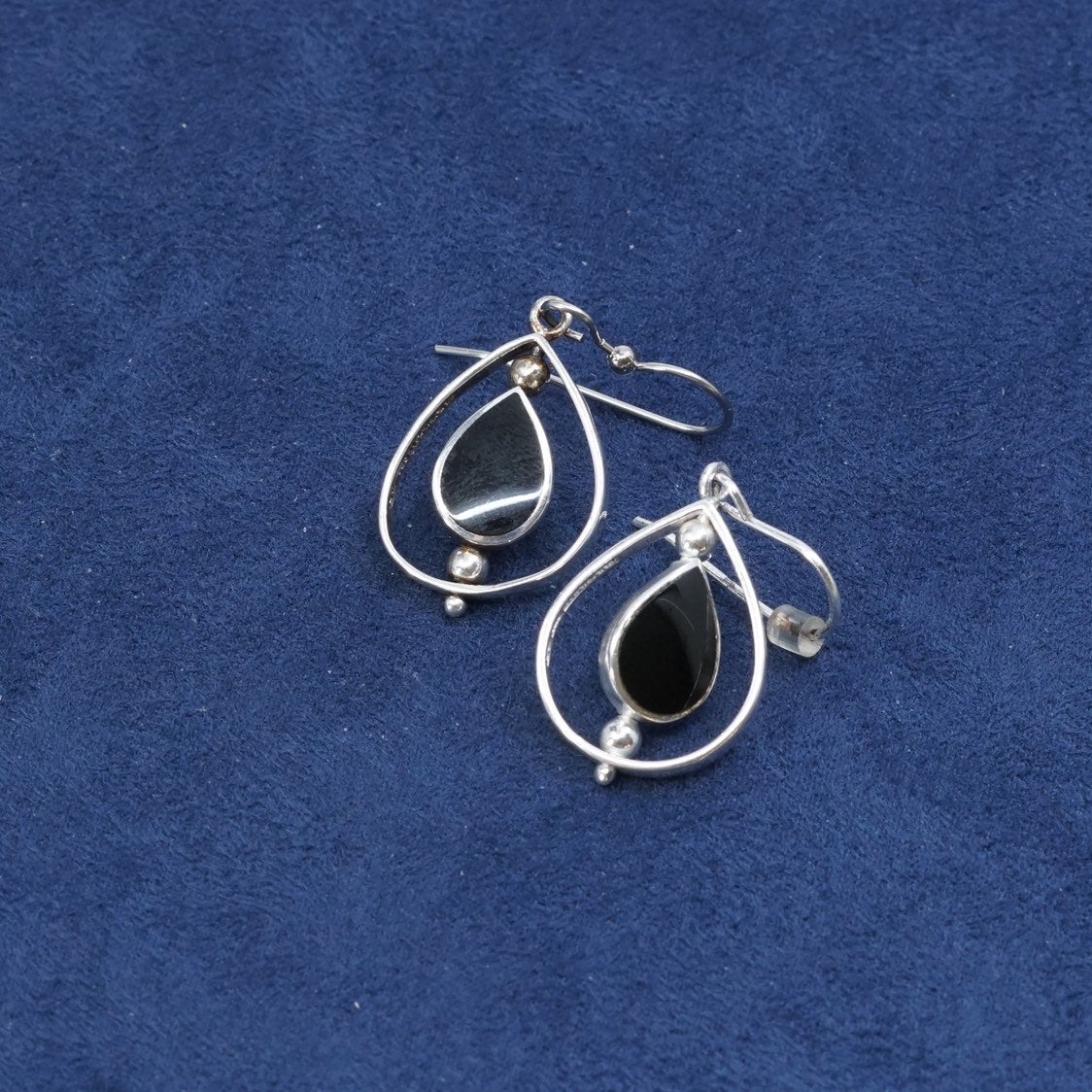 vtg sterling silver handmade earrings, 925 w/ teardrop obsidian