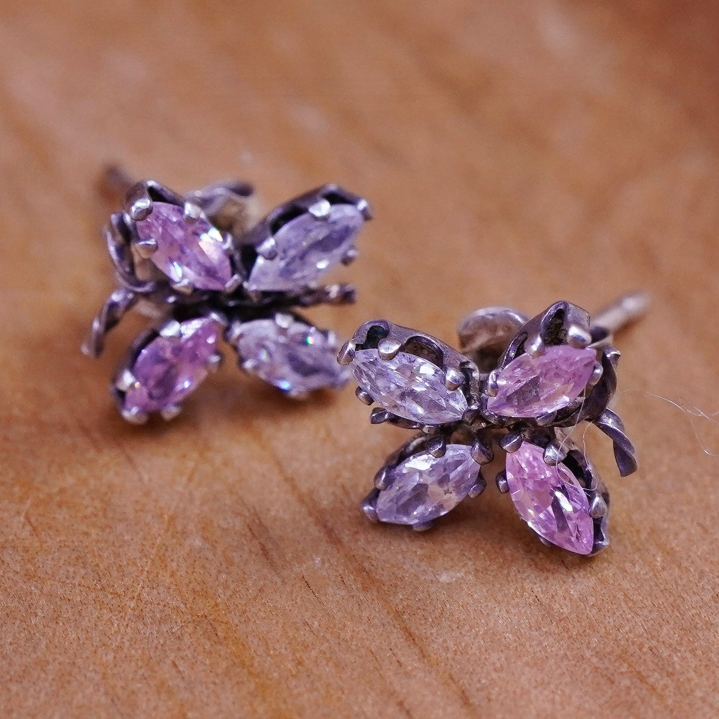 Vintage Sterling 925 silver handmade earrings, butterfly studs with cz