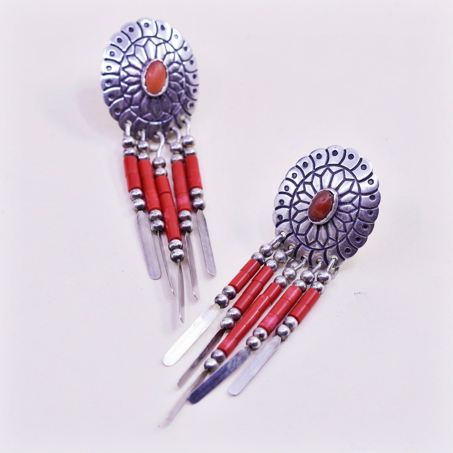 TK Sterling silver earrings, Native American 925 oval coral studs beaded fringe