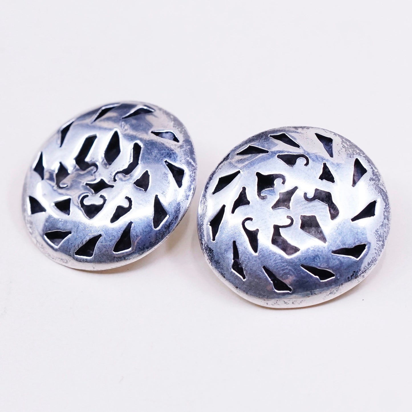 vtg sterling silver handmade earrings, 925 clip on earrings w/ pattern cut out