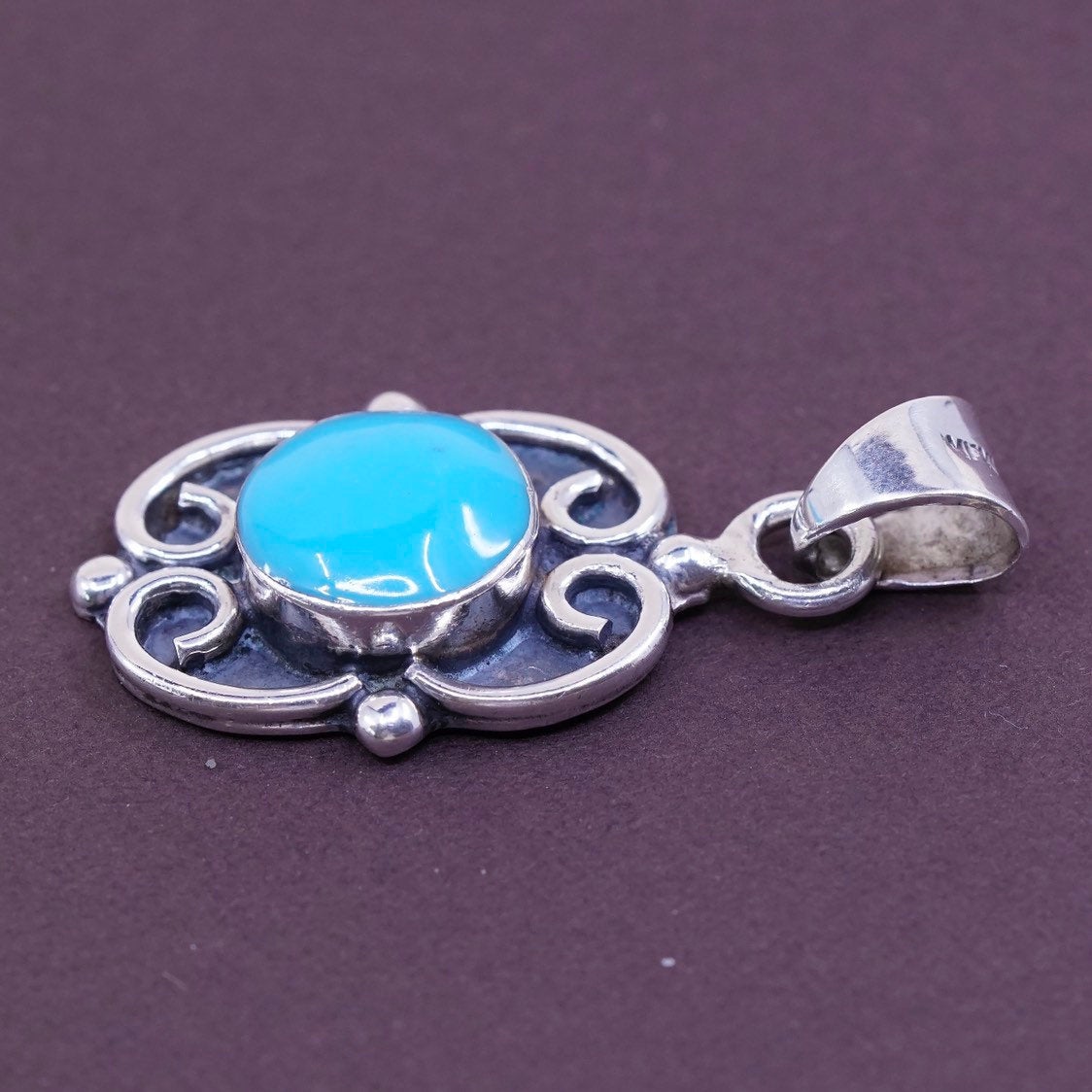 vtg Sterling silver handmade pendant, 925 swirl turquoise