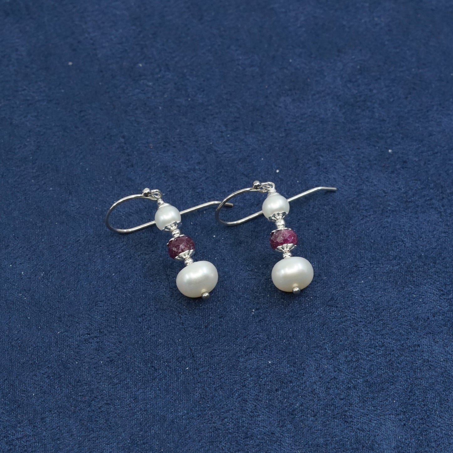 vtg Sterling silver handmade earrings, 925 w/ pearl N ruby crystal drops