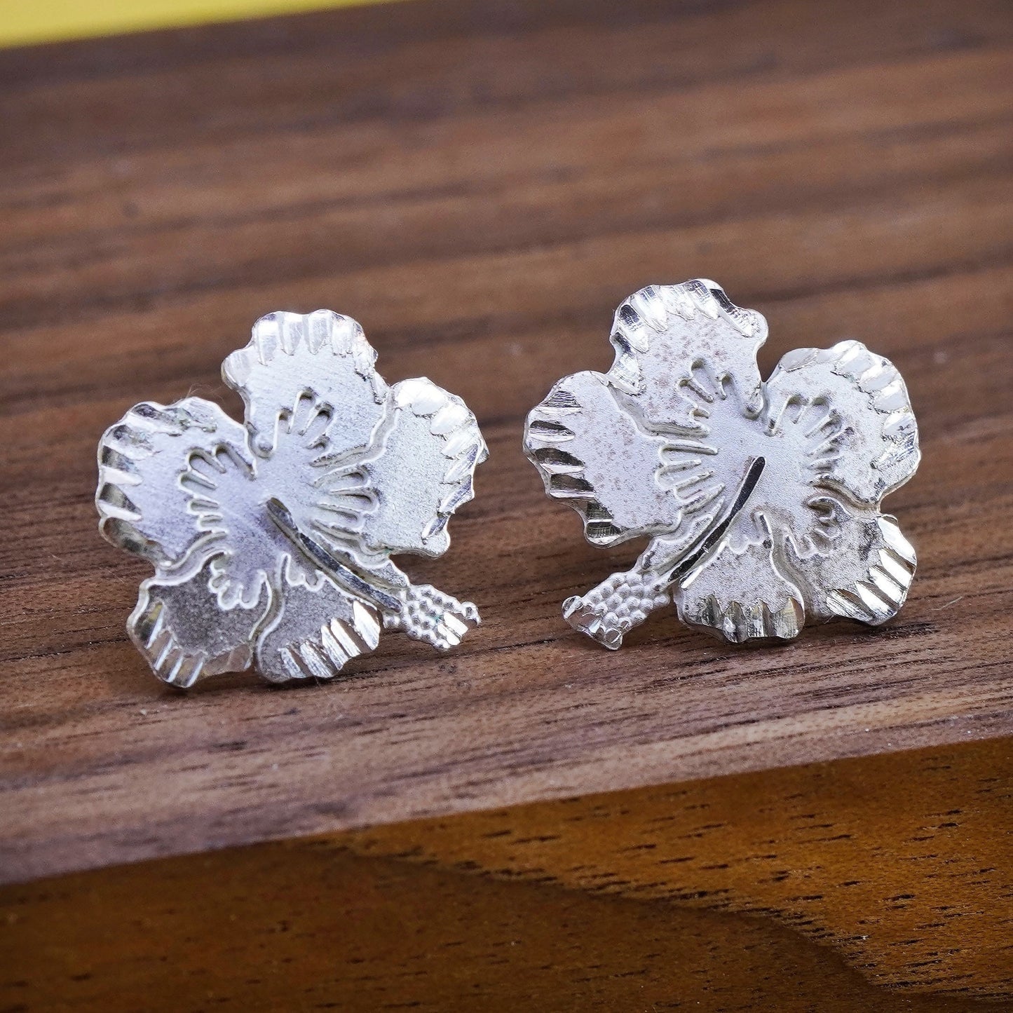 vtg LAM Sterling silver handmade earrings, 925 Hawaiian Hibiscus flower studs