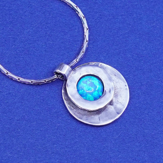 16”, vtg Didae Shablool Sterling 925 silver snake necklace circle opal pendant