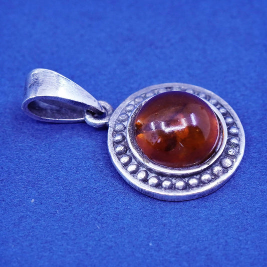 Vintage Sterling 925 silver handmade pendant with honey amber and beads around