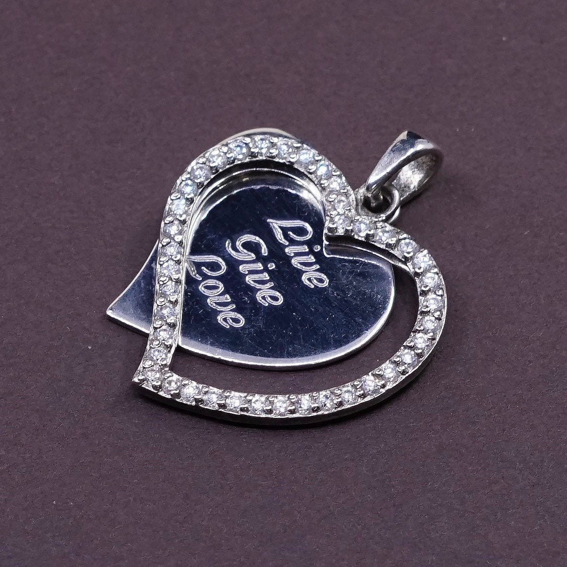 Sterling silver heart pendant, 925 engraved “love give love” Swarovski Crystal