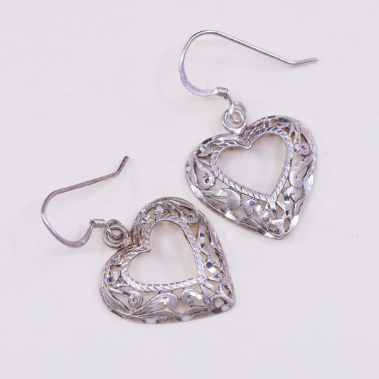 vtg sterling silver handmade earrings, solid 925 silver heart with filigree