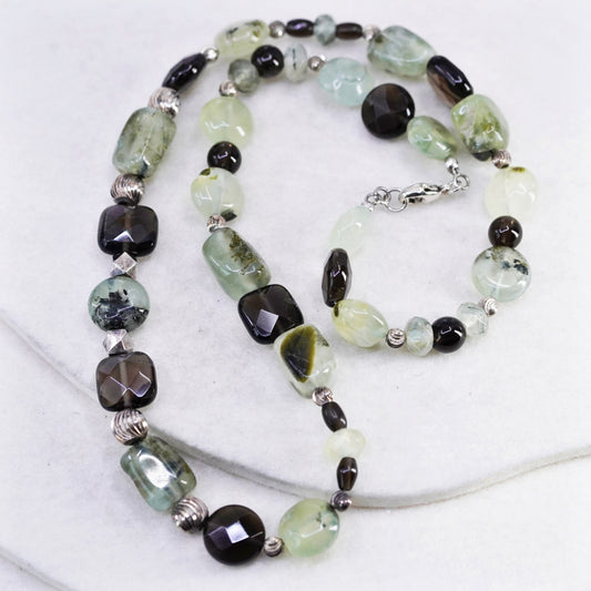 18”, vintage 925 Sterling Silver Handmade prehnite smoky quartz beads Necklace