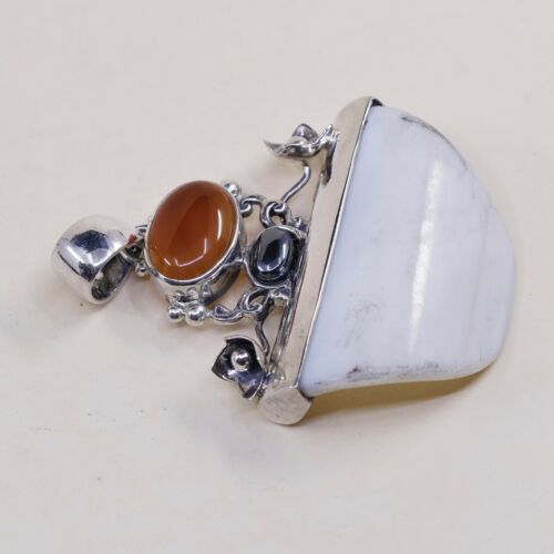 Vtg Sterling 925 Silver Handmade Pendant, mother Of Pearl (MOP) W/ Carnelian