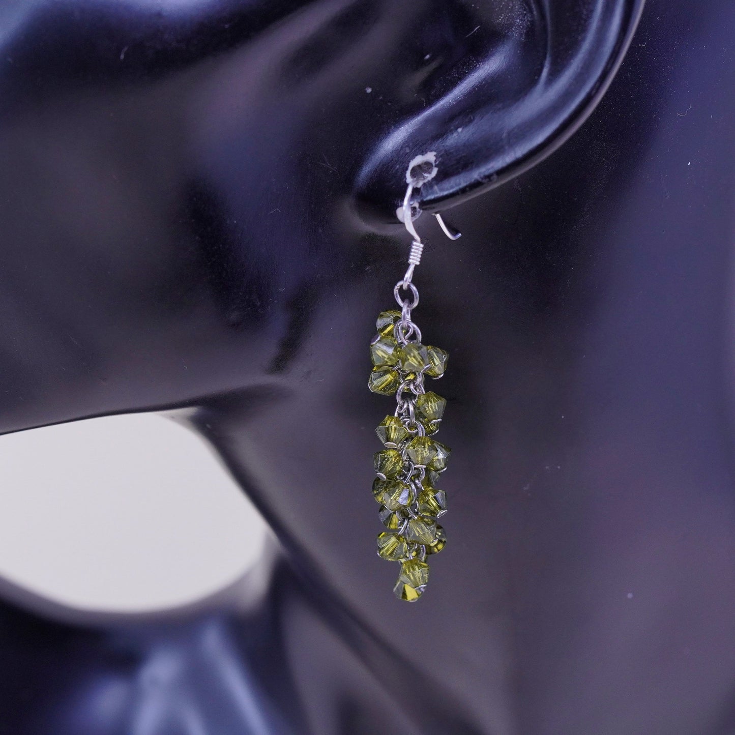Vintage sterling 925 silver handmade earrings with cluster olive green crystal, stamped 925
