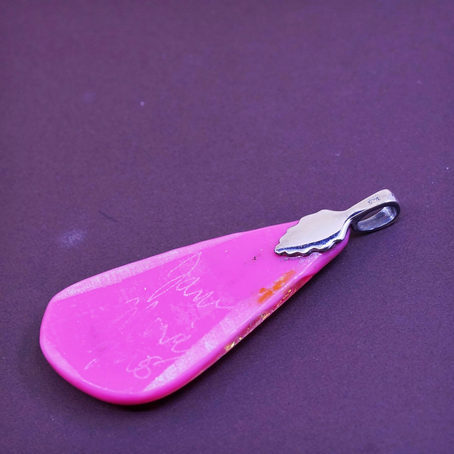 vtg Sterling silver handmade pendant, 925 w/ teardrop pink foil glass