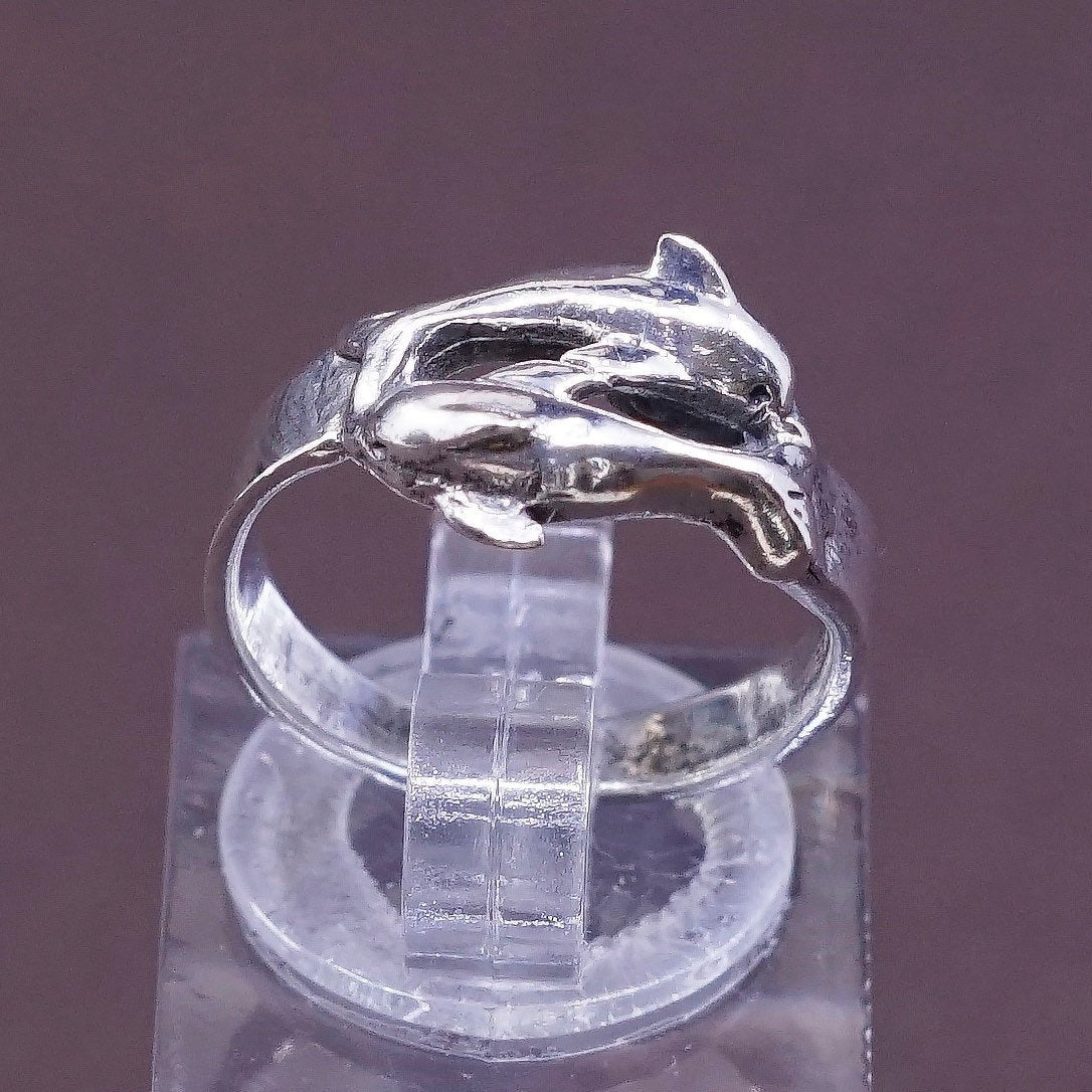 sz 4, vtg Sterling silver handmade ring, 925 dolphin band, open end