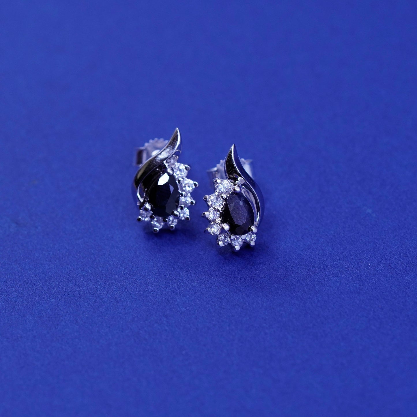 vtg sterling silver handmade earrings, 925 studs with cluster Cz and sapphire