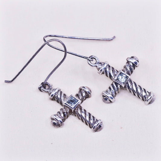 vtg Sterling silver handmade earrings, 925 silver twisted cross with topaz