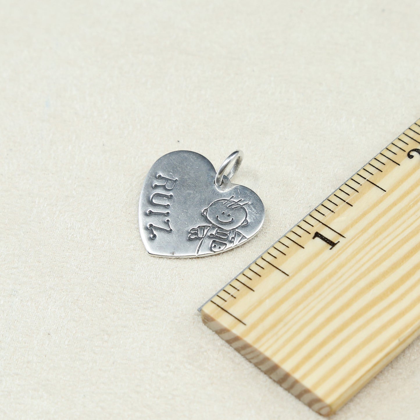 vtg Lucy Ann sterling silver handmade pendant, heart tag charm embossed a boy